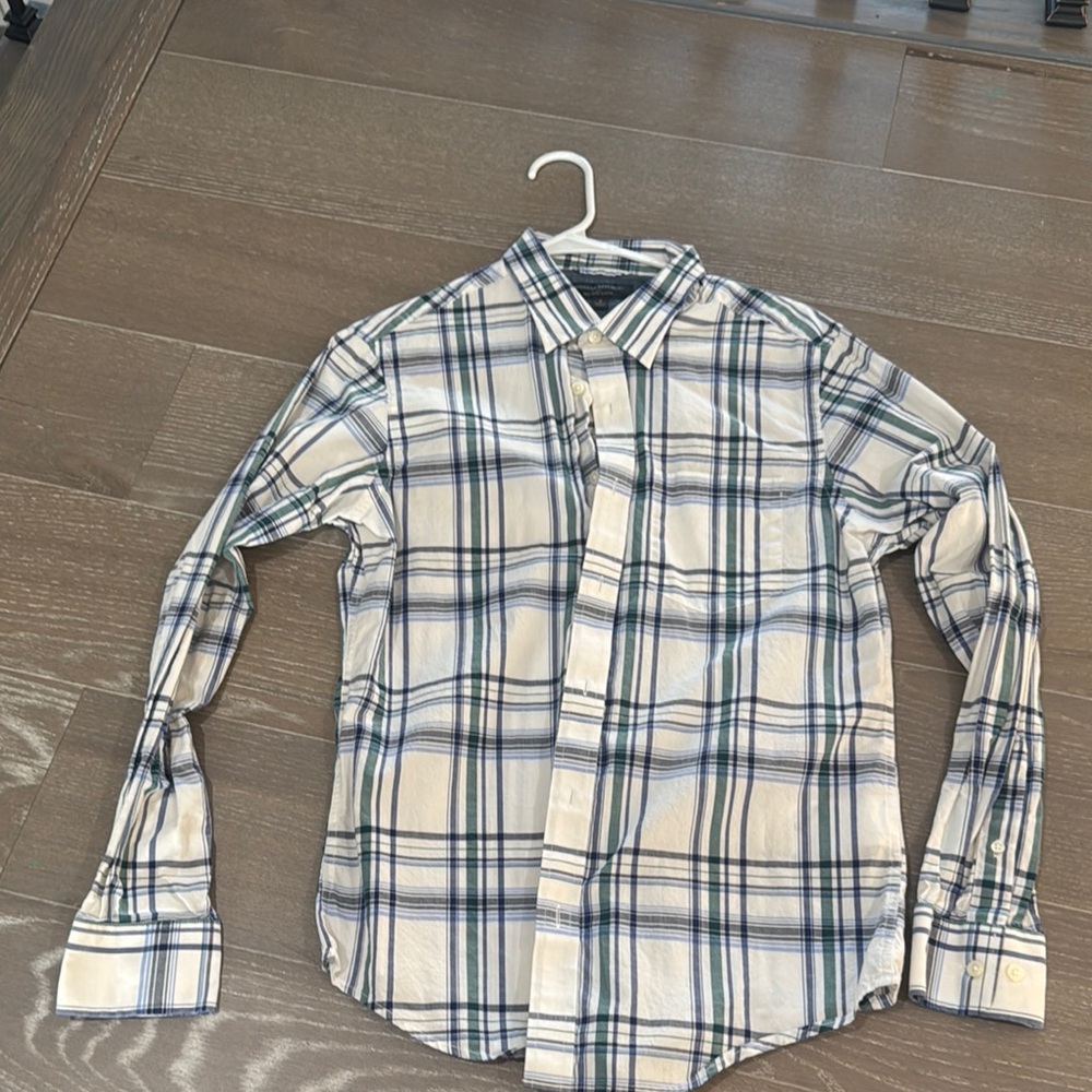 Banana Republic Men's Plaid Shirt - Cream and Blue